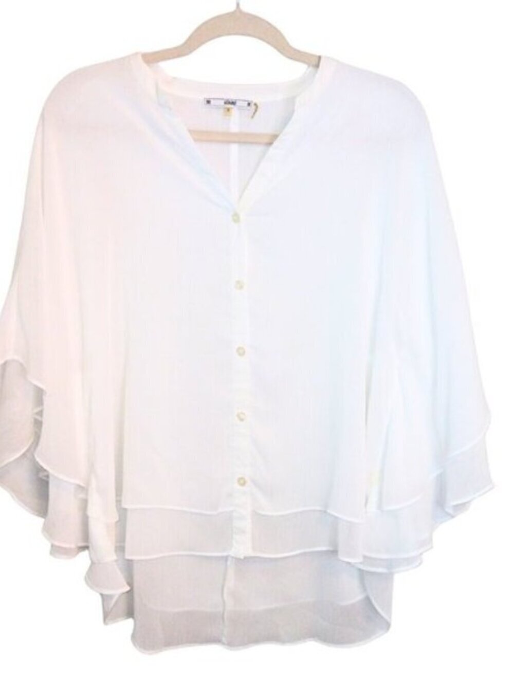 WOMEN'S WHITE BUTTON-UP SHEER LAYERED WING BLOUSE